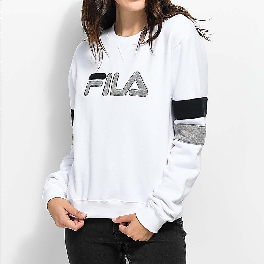 White Black Grey Striped Fila Crewneck Sweatshirt
